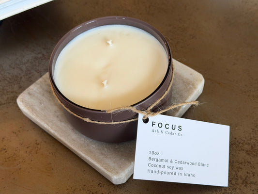 Double wick Focus candle in bergamot & cedarwood blanc. 10oz coconut soy wax candle, hand-poured in Idaho for a clean, energizing scent.