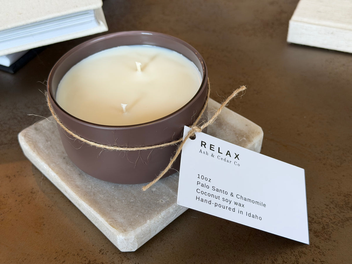 Double wick Relax candle in palo santo & chamomile. 10oz coconut soy wax candle, hand-poured in Idaho for a calming, spa-like glow.